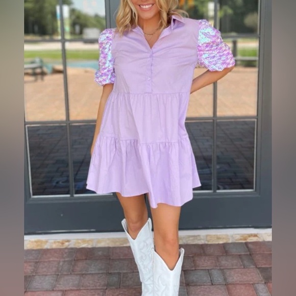 Peach Love California Dresses & Skirts - Purple Sequin Puff Sleeve Dress